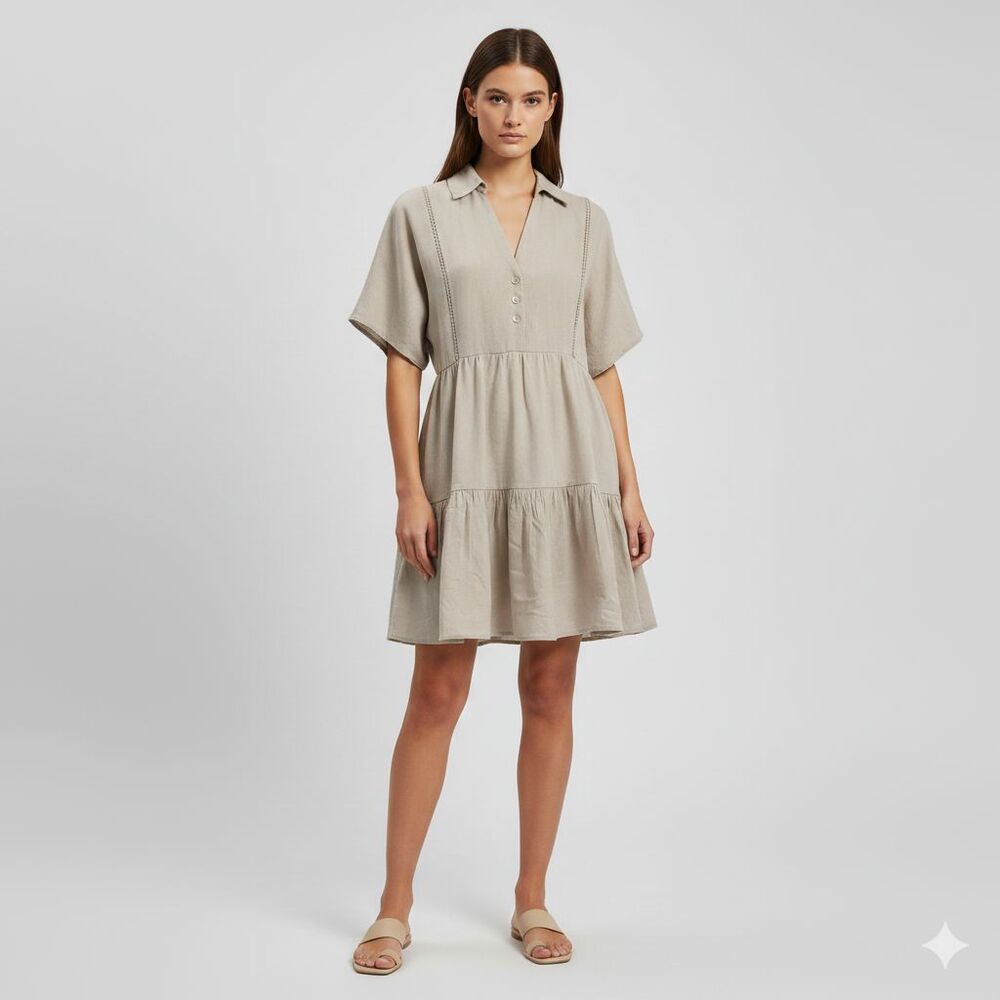 Zara Neutral Beige Linen Short Sleeve Collared Summer Mini Shirt Dress  S